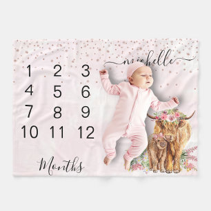 新生児乳児マイルストーンハイランドカウピンク フリースブランケット