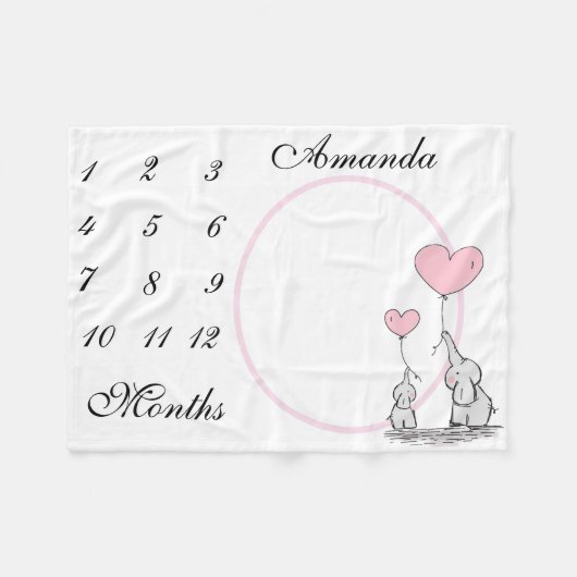 新生児乳児マイルストーンピンクエレファントピンク写真 フリースブランケット (正面(横))
