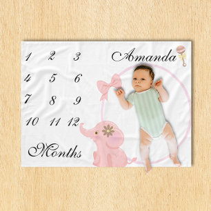 新生児乳児マイルストーンピンクエレファントピンク写真 フリースブランケット