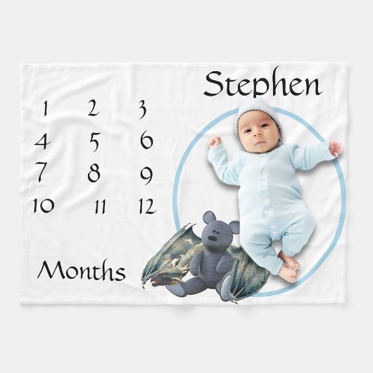 新生児乳児マイルストーンブルードラゴンテディベア フリースブランケット