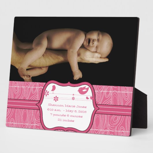 新生児写真かわいいピンクの木目かわいい鳥 フォトプラーク (側面)