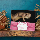 新生児写真かわいいピンクの木目かわいい鳥 フォトプラーク (側面)