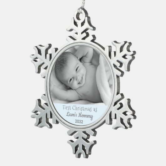 新生児初めてのクリスマスをMommy Sonの写真とカスタムして スノーフレークピューターオーナメント (右)