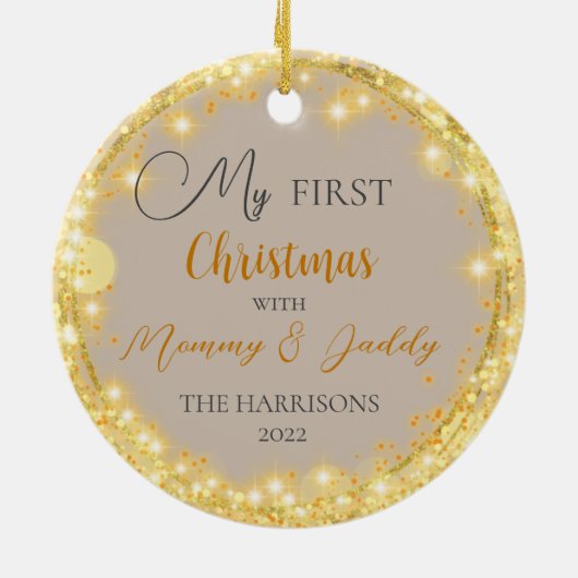 新生児初めてのクリスマスグリッター金ゴールド円 セラミックオーナメント (裏面)