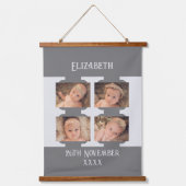 新生児名4写真誕生灰色の日付 吊り下げ型タペストリー (正面)