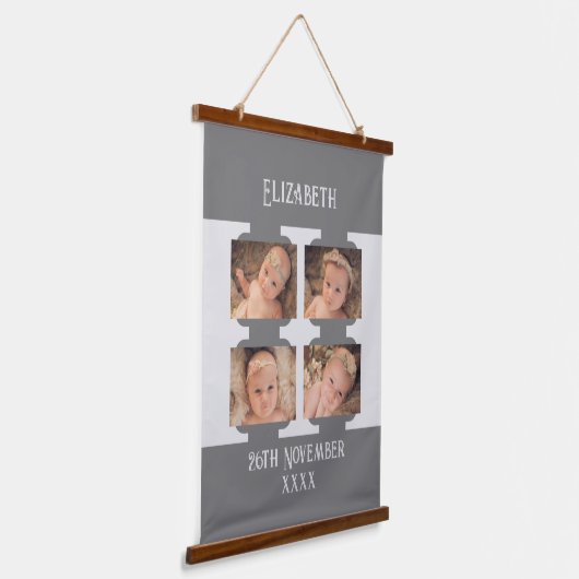 新生児名4写真誕生灰色の日付 吊り下げ型タペストリー (傾斜あり)