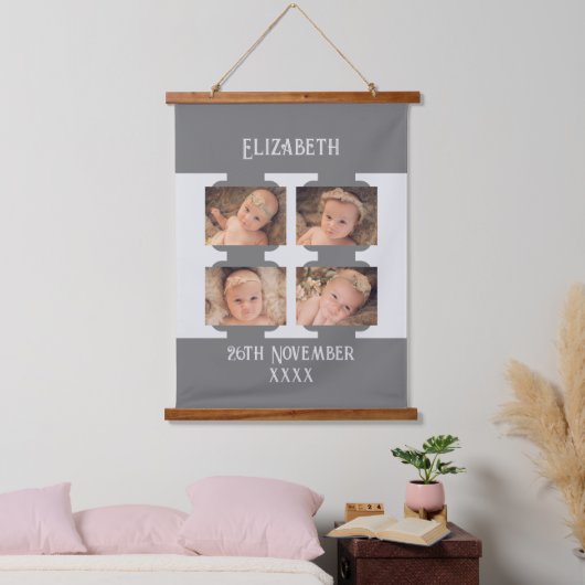 新生児名4写真誕生灰色の日付 吊り下げ型タペストリー (寝室)