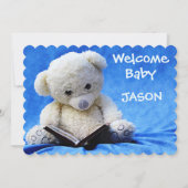 新生児告知カード、青、かわいいテディベア 招待状 (正面)