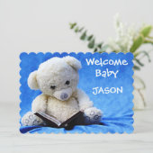 新生児告知カード、青、かわいいテディベア 招待状 (スタンド正面)