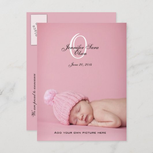 新生児女の子の誕生発表フォトポストカード 案内ポストカード (正面/裏面)