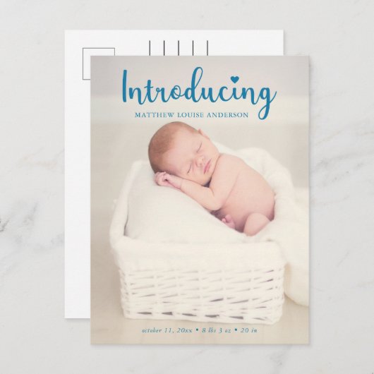 新生児少年が青い写真をエレガントモダン紹介 案内ポストカード (正面/裏面)