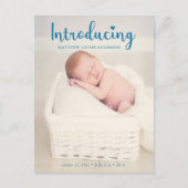 新生児少年が青い写真をエレガントモダン紹介 案内ポストカード (正面)