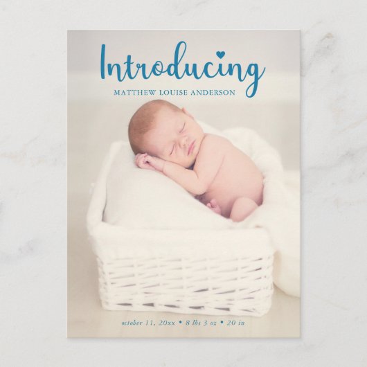 新生児少年が青い写真をエレガントモダン紹介 案内ポストカード (正面)