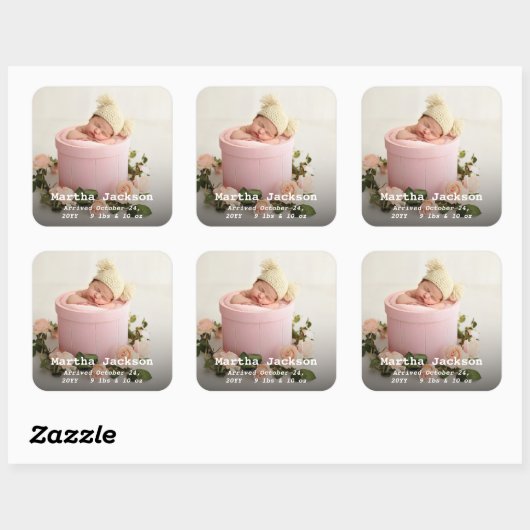 新生児少年の出産の発表写真モダン スクエアシール (シート)