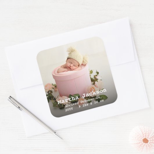 新生児少年の出産の発表写真モダン スクエアシール (封筒)