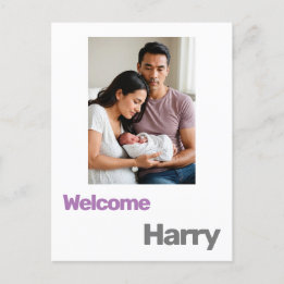 新生児少年の女の子の誕生発表パープルモダン ポストカード
