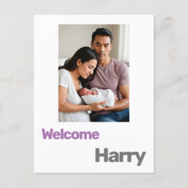 新生児少年の女の子の誕生発表パープルモダン ポストカード