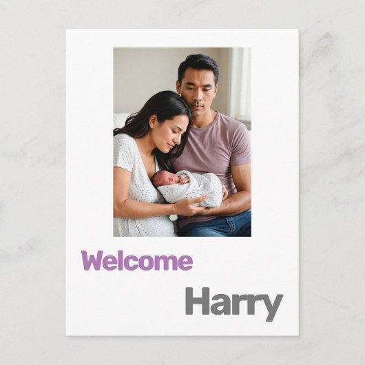 新生児少年の女の子の誕生発表パープルモダン ポストカード (正面)