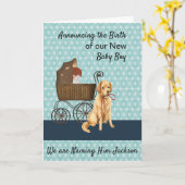 新生児少年の発表とベビー、キャリッジ、犬 カード (黄色い花)