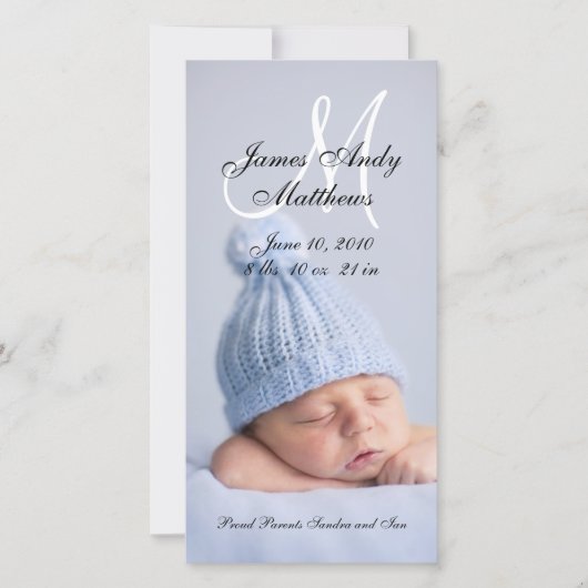 新生児少年の誕生の発表の写真カード 案内状 (正面)