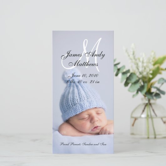 新生児少年の誕生の発表の写真カード 案内状 (スタンド正面)
