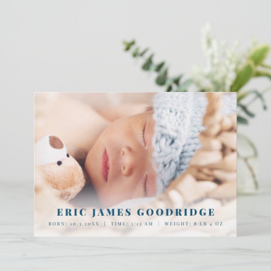 新生児少年の誕生の発表の写真カード 案内状 (スタンド正面)
