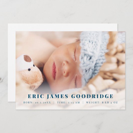 新生児少年の誕生の発表の写真カード 案内状 (正面/裏面)