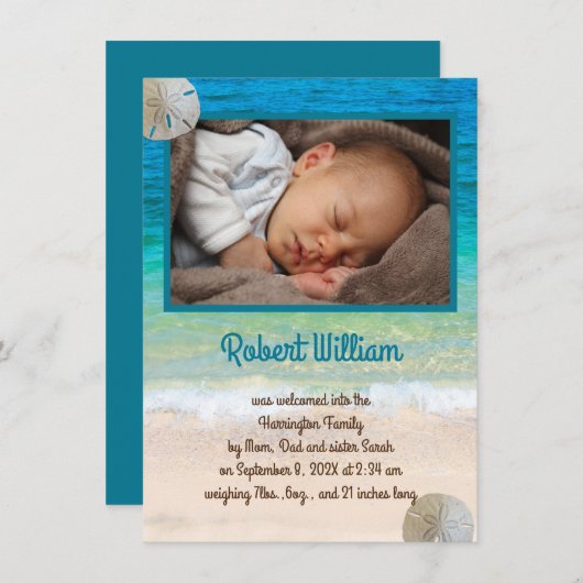 新生児息子の誕生発表海テーマ 招待状 (正面/裏面)