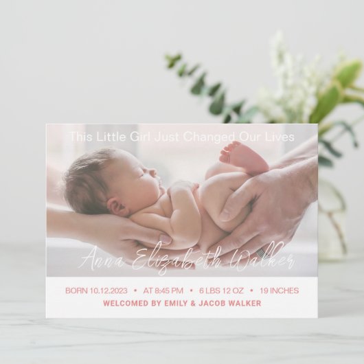 新生児生まれたばかりのガール誕生統計5写真 案内状 (スタンド正面)