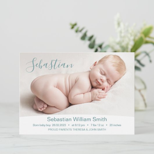 新生児生まれたばかりのボーイ誕生統計フォト 案内状 (スタンド正面)