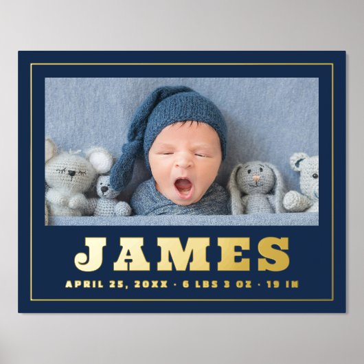 新生児生まれたばかりの名の日付の長さ重量写真 箔ポスター (正面)