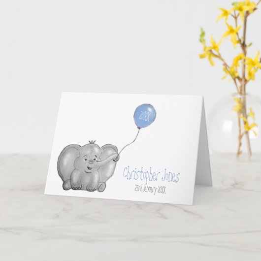 新生児男のパーソナライズされた子ゾウの青い風船 カード (黄色い花)