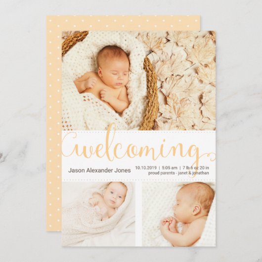 新生児発表3枚の写真 招待状 (正面/裏面)