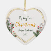 新生児第1クリスマスホリー&パイン金ゴールドフレームフォト セラミックオーナメント (裏面)