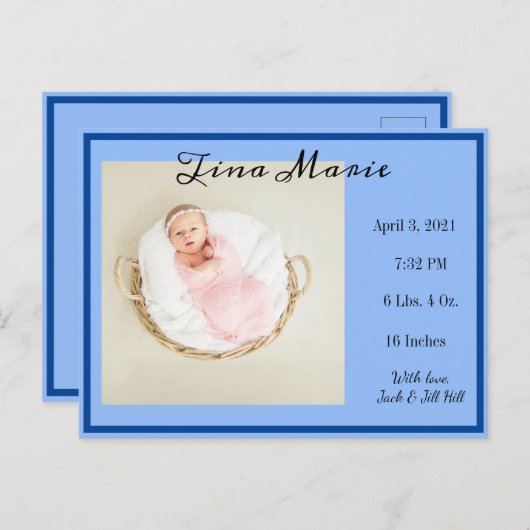 新生児誕生発表青い写真 ポストカード (正面/裏面)