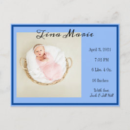 新生児誕生発表青い写真 ポストカード