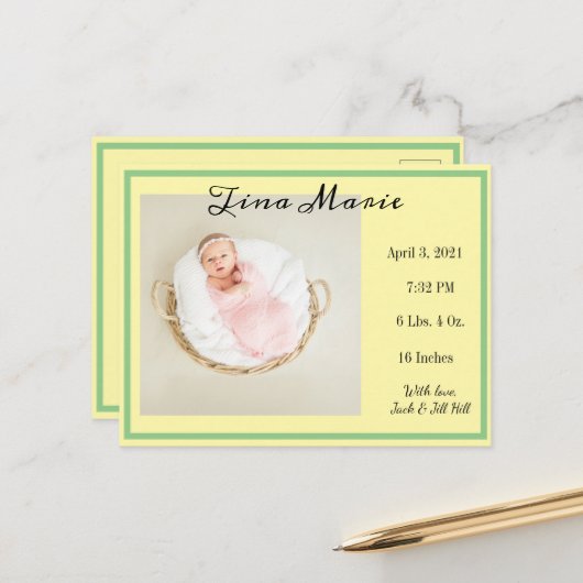 新生児誕生発表黄色い写真 ポストカード (正面/裏面インサイチュ)