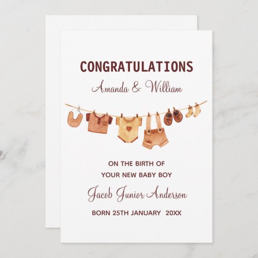 新生児赤ちゃん服おめでとうパーソナライズされた カード (正面/裏面)