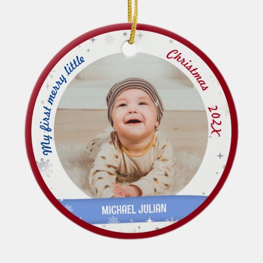 新生児2写真私の最初の小さなメリークリスマス セラミックオーナメント (正面)