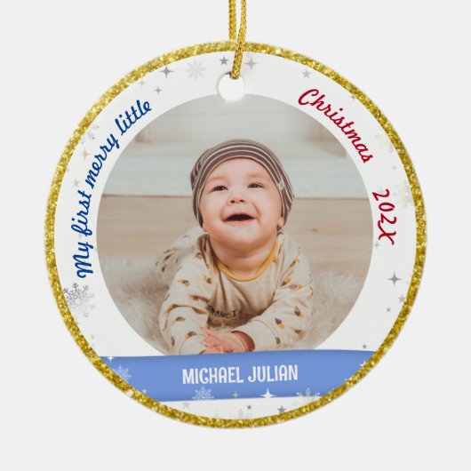 新生児2写真私の最初の小さなメリークリスマス セラミックオーナメント (正面)