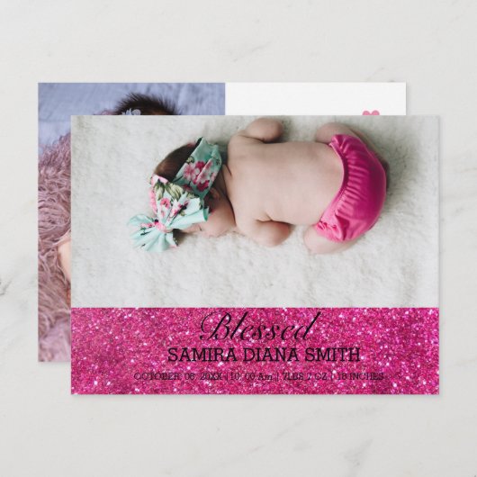 新生児、かわいいピンク色の写真誕生のお知らせ ポストカード (正面/裏面)