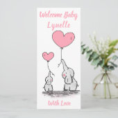 新生児、かわいいベビーゾウとピンクのハート 案内状 (スタンド正面)