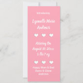 新生児、かわいいベビーゾウとピンクのハート 案内状 (裏面)