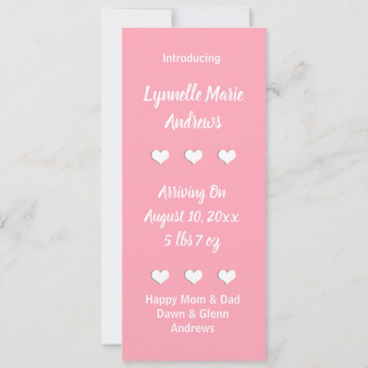 新生児、かわいいベビーゾウとピンクのハート 案内状 (裏面)