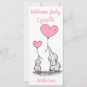 新生児、かわいいベビーゾウとピンクのハート 案内状 (正面)