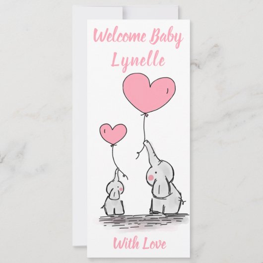 新生児、かわいいベビーゾウとピンクのハート 案内状 (正面)