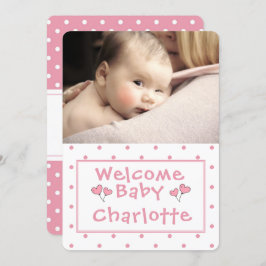 新生児、写真のお知らせ、ピンクポルカドット、 招待状