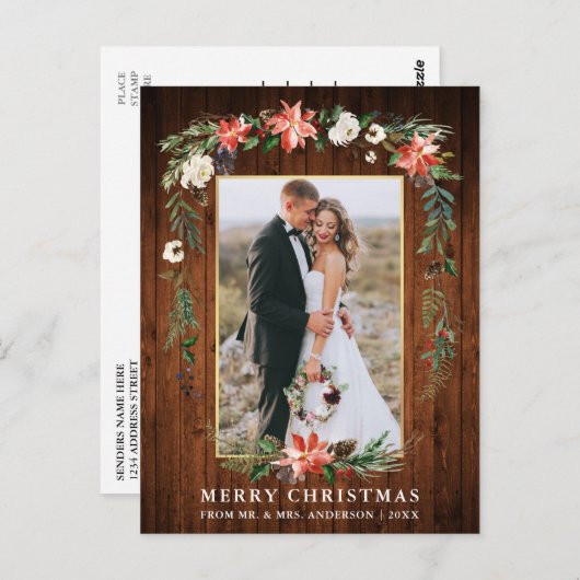 新着木材金ゴールド水彩冬フローラ ポストカード (正面/裏面)