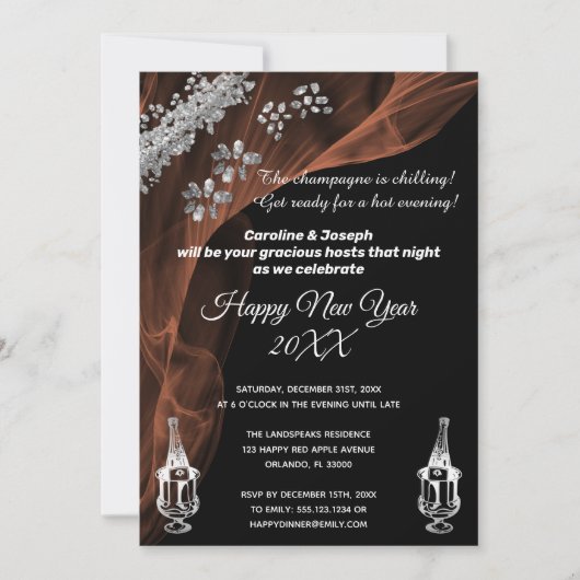 新祝年の黒と銀のシャンパン 招待状 (正面)