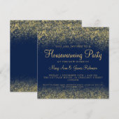 新築パーティー ゴールド グリッター ダスト ネイビーブルー 招待状 (正面/裏面)